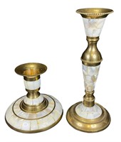 Pair of Brass & Mother of Pearl Candlesticks