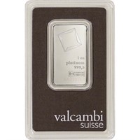 1 oz Platinum Bar on Assay Valcambi Card