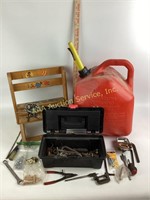 Plastic Gas Can 5 Gallon, assorted hardware,