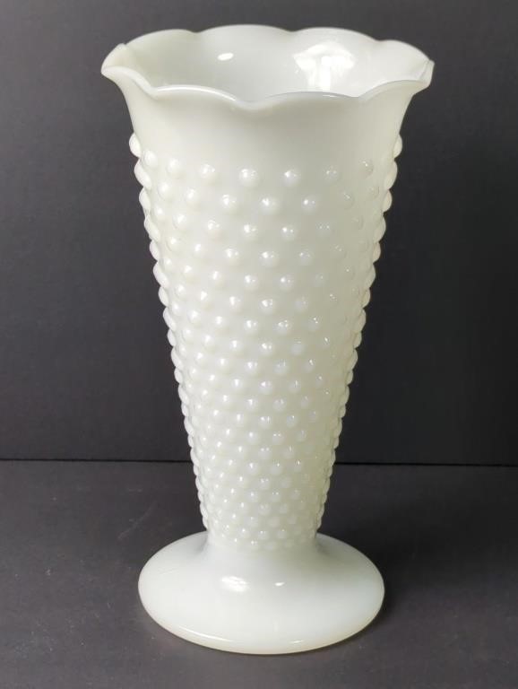 9.5" Hobnail Milk Glass Trumpet Vase