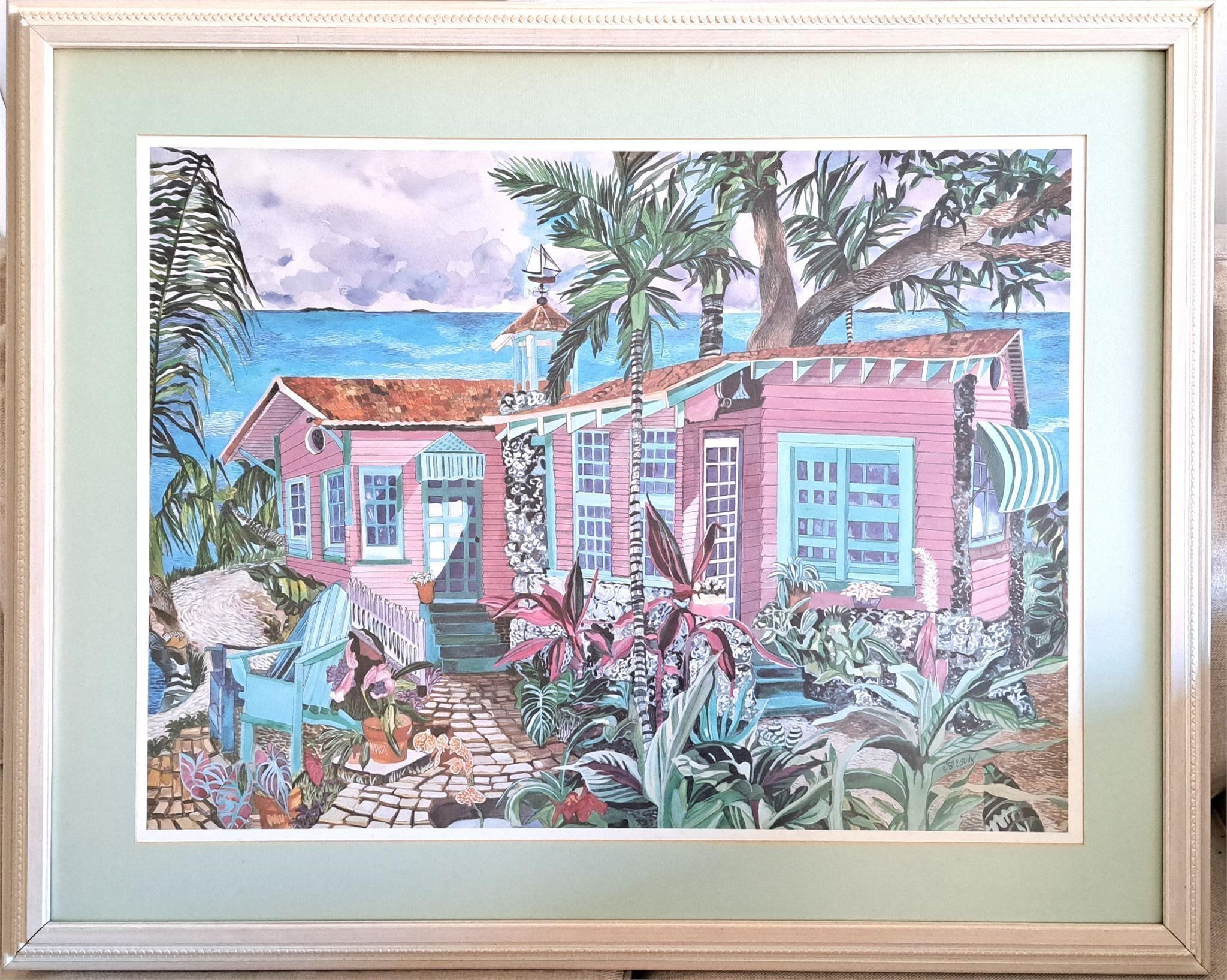 COLORFUL FRAMED BEACH COTTAGE PRINT SIGNED 31X39