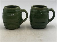 -2 vintage green stoneware barrel mugs marked