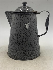 Gray granite ware coffee pot with lid