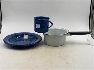 Vintage black-and-white enamelware saucepan with