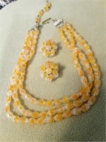 Vintage Bead Orange  Necklace with Clip Earrings