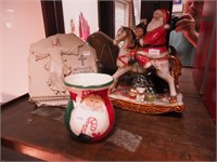 Porcelain Santa on horse, 10" high; Santa vase,