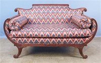 French Style Mahogany Settee w/ Flamed Upholstery