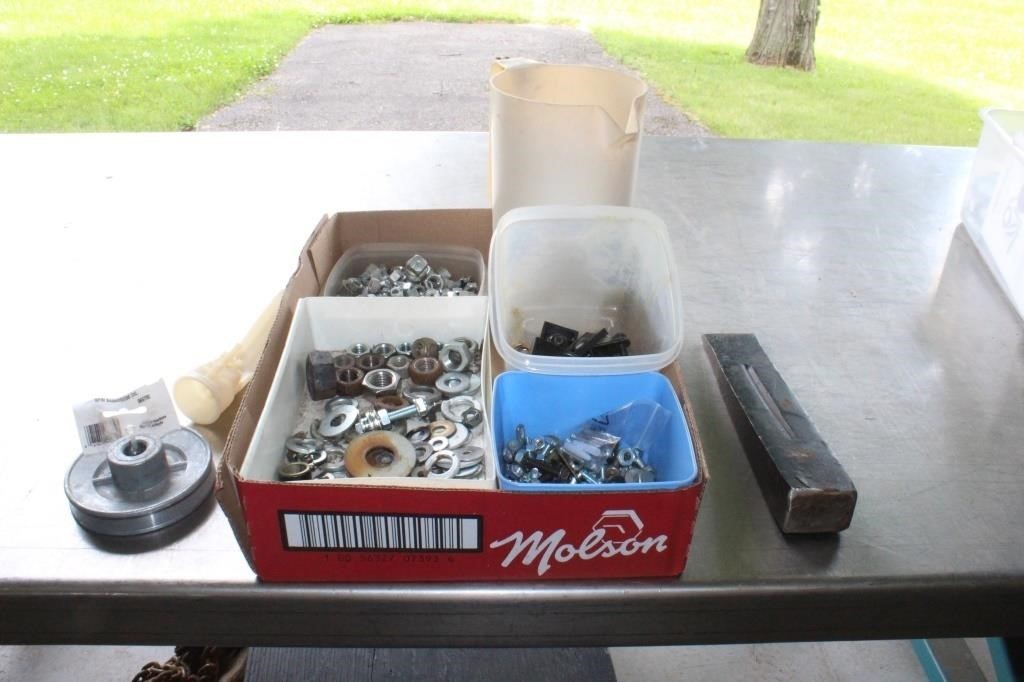 Assorted nuts, washers, screws, pulley and 6 lb