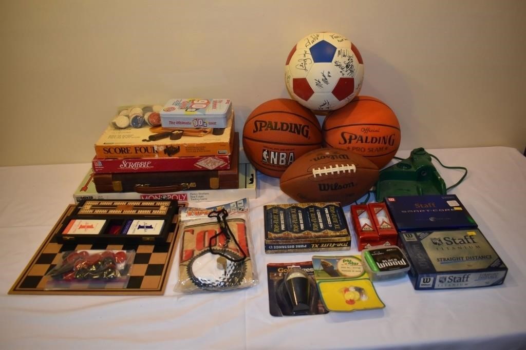 Sports/games lot: board games, balls, putter retur