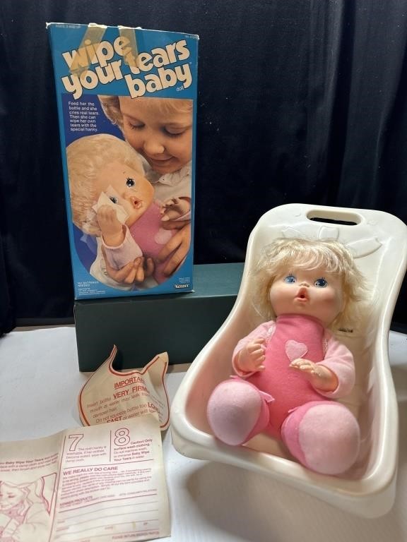 1980 wipe your tears baby with carrier box and