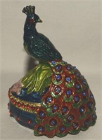 Enameled & Jeweled Peacock Trinket Box 3.25"t