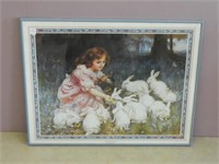 Girl with Rabbits Print in Blue Frame