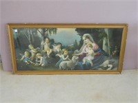 Madonna Religious Print with Angels in Gold Frame