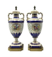 Pair of 19" Tall Painted Porcelain Urns w/Flowers.