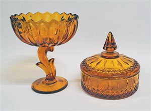 2pc INDIANA GLASS AMBER COMPOTE, COVERED DISH