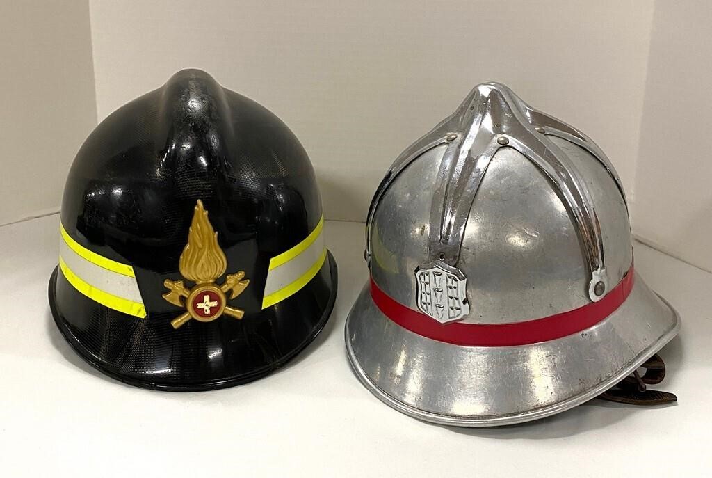 Two Foreign Vintage Fire Helmets