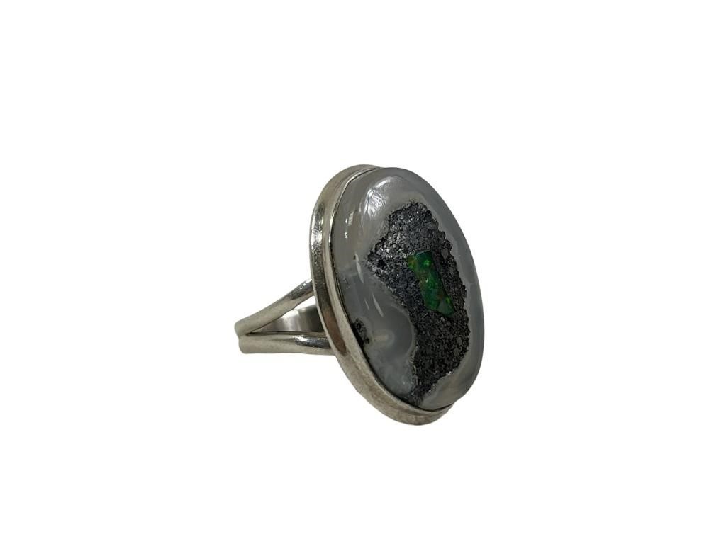 925 Sterling Silver Agate with Opal Inlay Ring