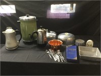 Kitchen lot, coffee makers/pots, silverware