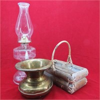 Clear Glass Oil Lantern, Brass Spittoon & Basket