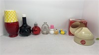 Various Avon decanters and Avon trinket holder