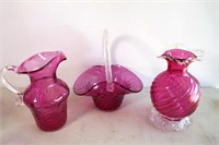 Cranberry Vase, Basket & Pitcher