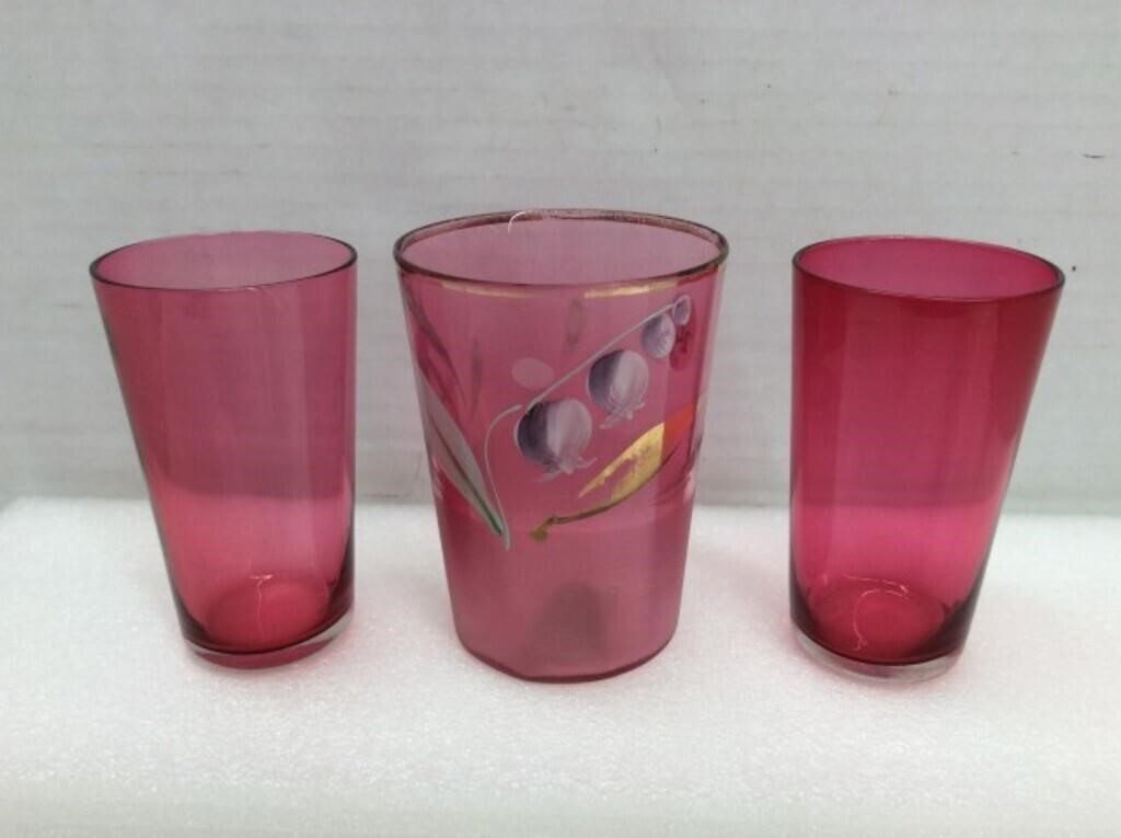 3 Vintage Cranberry Glass Glasses - 1 Is Hand