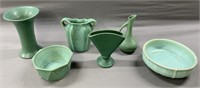 6 Pc Green Art Pottery Grouping