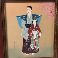 FRAMED ORIENTAL WOMAN AND CHILD ON SILK