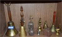 Ten Vtg Metal Bells & Glass Bell