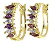 Natural Amethyst & Diamond Hoop Earrings