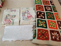 Lot of 3- Afghan, Week Embroided Cloth, +1