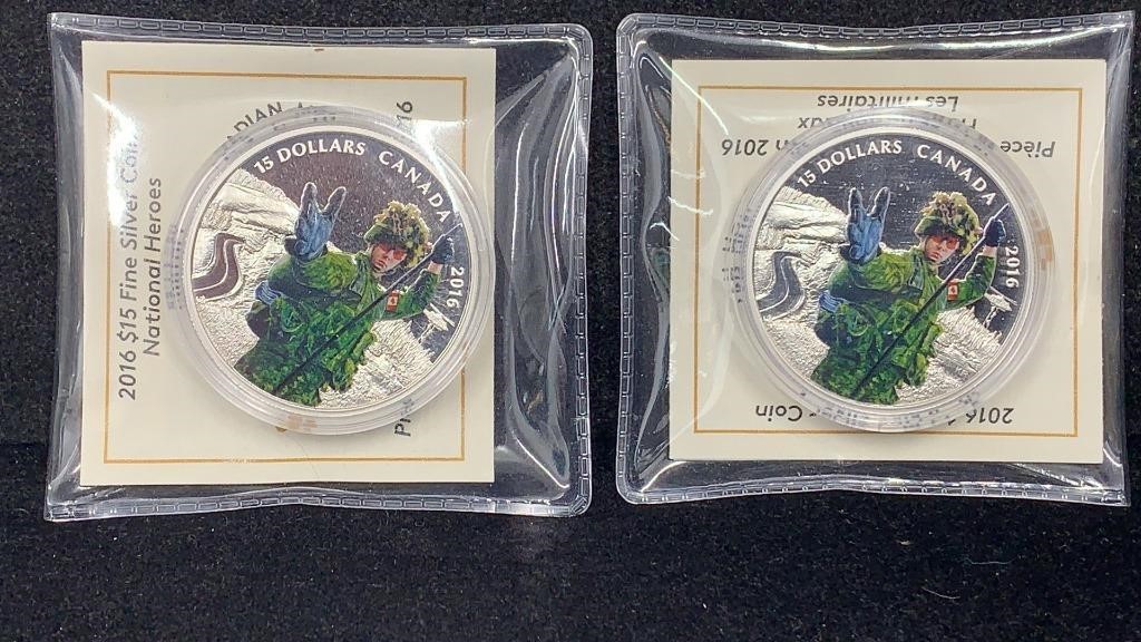 (2) .999 Silver Canadian Hero Series "Military"