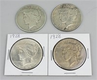 1928-S (2) & 1928 (2) 90% Silver Peace Dollars.