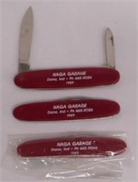 Three 1989 Haga Garage Dana Indiana pocket knives