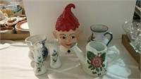 Lefton vases, elf cookie jar and pitchers