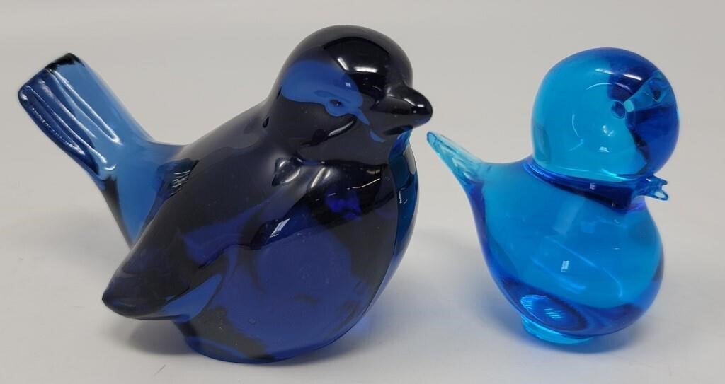 (2) Art Glass Birds One is Cobalt Blue