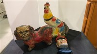 Lot of three plaster figurines - rooster, dog,