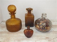 AMBER GLASS DECANTERS, BOTTLE OF BEADS