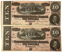 Pair of Consecutive 1864 Confederate $10 Notes