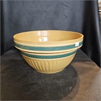 Yellow with Green Trim Stoneware Bowl, Repaired