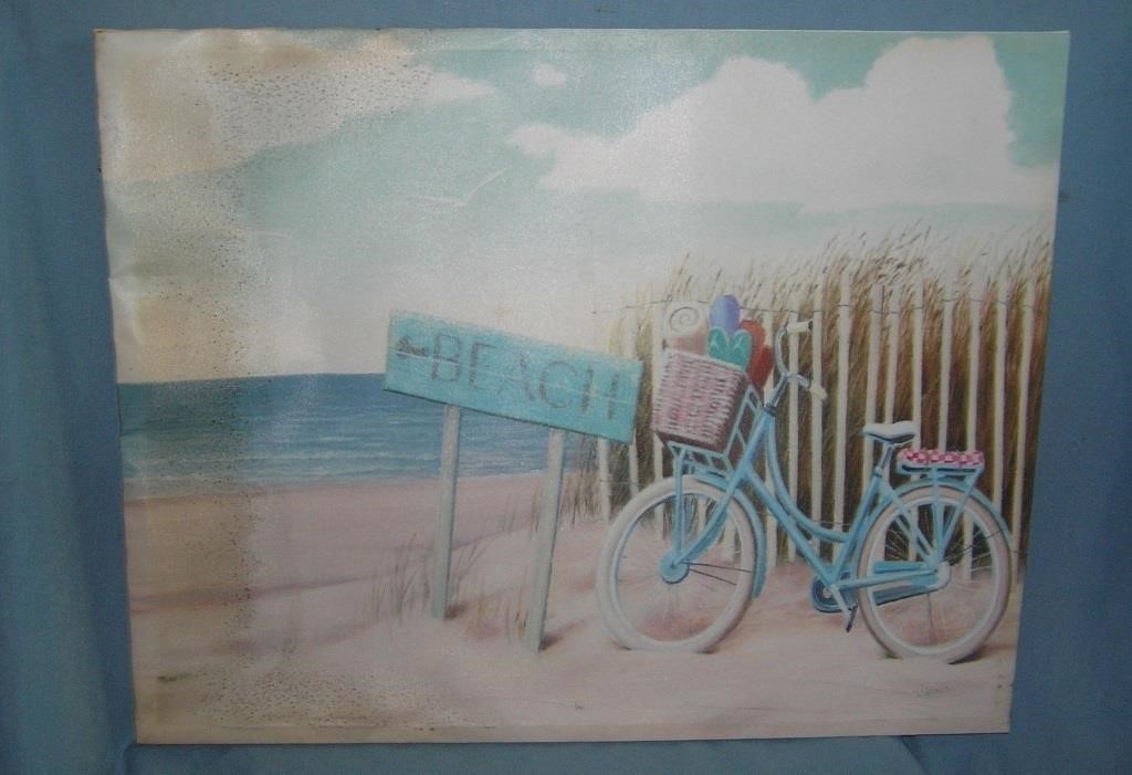 Beach and beach cruiser bicycle scene oil on canva