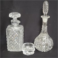 Pair of glass decanters & glass ashtray