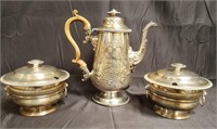 Silver plate coffee pot and tureens