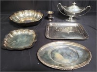 Group of silver plate trays, sauce boat, cup