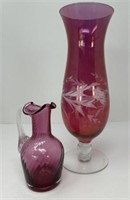 Etched Cranberry Vase and Cranberry Swirl Pitcher