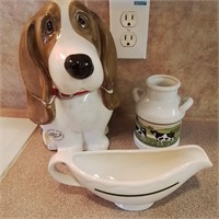 Dog cookie canister, gravy bowl, small mike jug.
