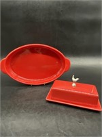 (2) Emeril Red Stoneware Domed Butter & Oval Dish