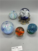 Five Art Glass Paperweights including Floral and S