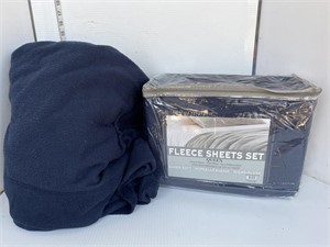 Fleece queen sheet set & blue blanket