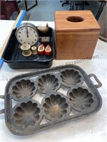 Unmarked cast iron muffin mold  wood tissue box